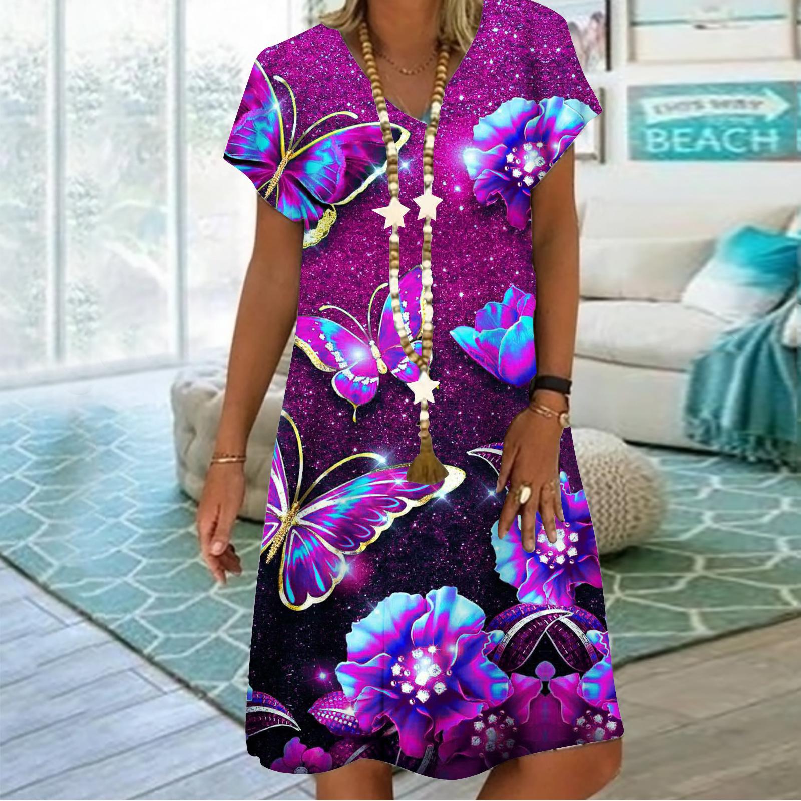 

Летнее модное платье с v-образным вырезом, женское платье с коротким рукавом и принтом бабочки и луны, свободное повседневное платье для женщин 7XL фиолетовый