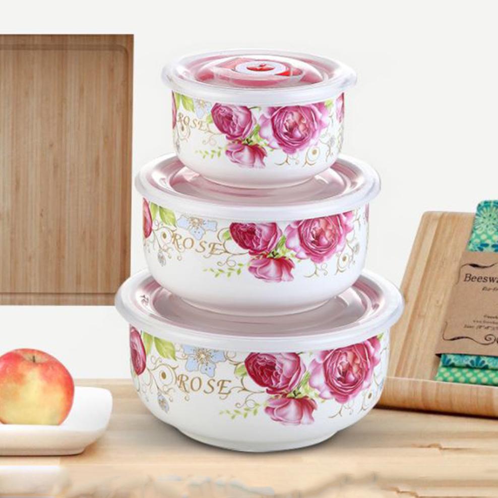 3-Piece Set Ceramic Fresh-Keeping Bowl With Lid For Microwave Oven Sealed Bowl Bone China Lunch Box For Home Kitchen
