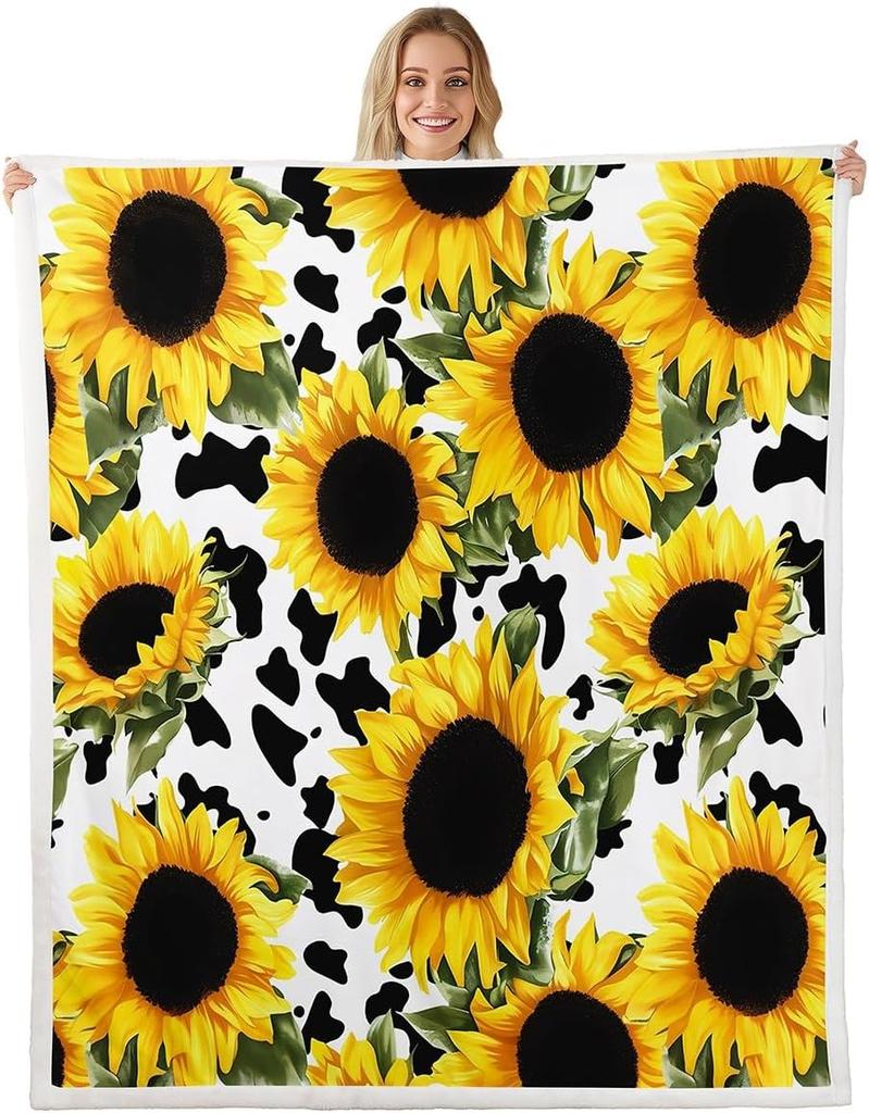 Feelyou Sunflower Fleece Throw Blanket Botanical Floral Plush Blankets and Throws Yellow Sunflower Cows Print Sherpa Blanket for Women Soft
