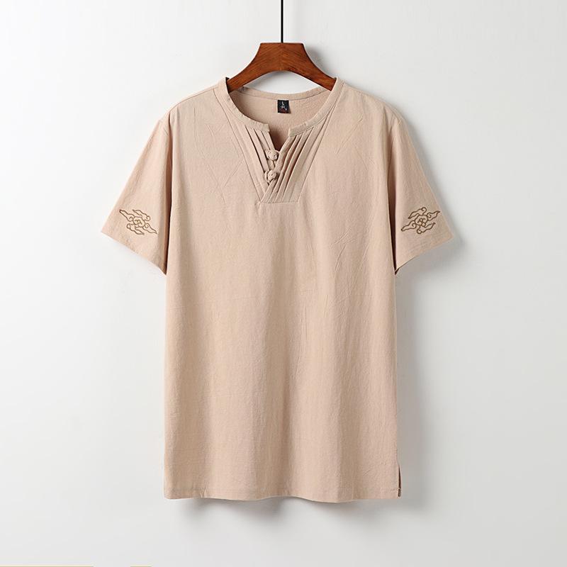 Summer thin linen short-sleeved T-shirt set men's Chinese cotton and linen half-sleeved top retro trend V-neck t-shirt
