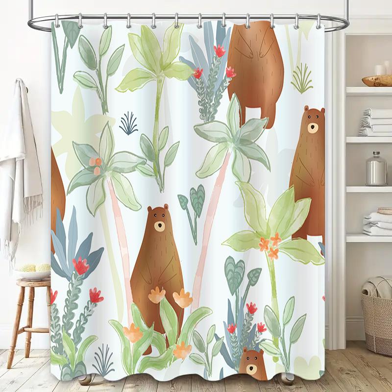 Akwarelowe Zwierzęta Leśne Zasłona Prysznicowa Dekoracja Wystrój Domu Do Łazienki Zielony Brązowy Niedźwiedzie Kaktusy Kwiaty Rośliny 72 X 84