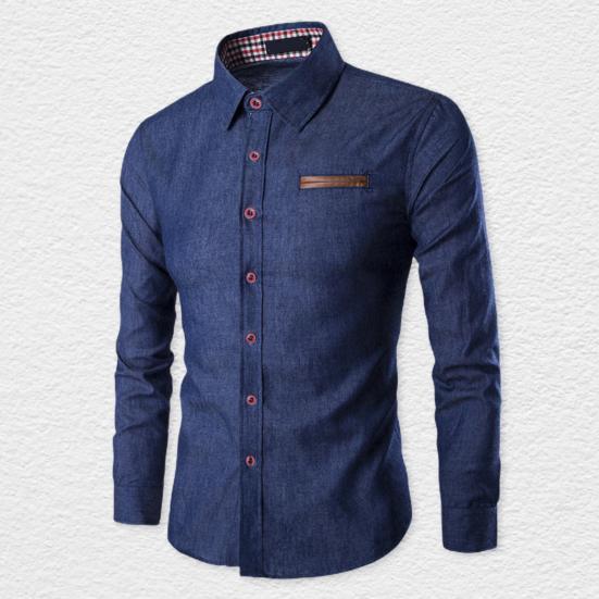 Men Solid Color Long Sleeve Jeans Shirts Breathable Casual Denim Top for Work