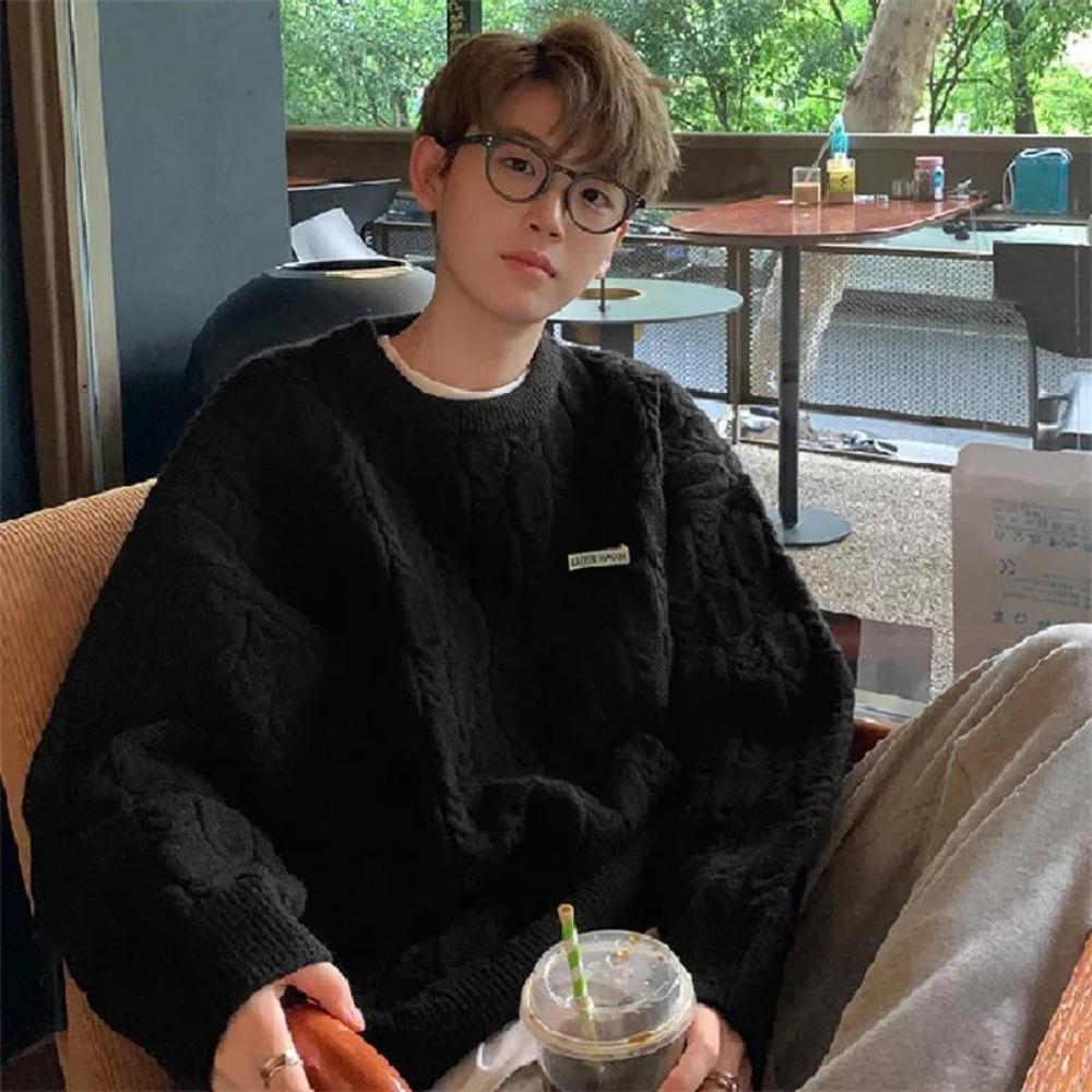 New jacquard striped sweater men's thickened lazy style premium sense loose retro crew neck knitted sweater