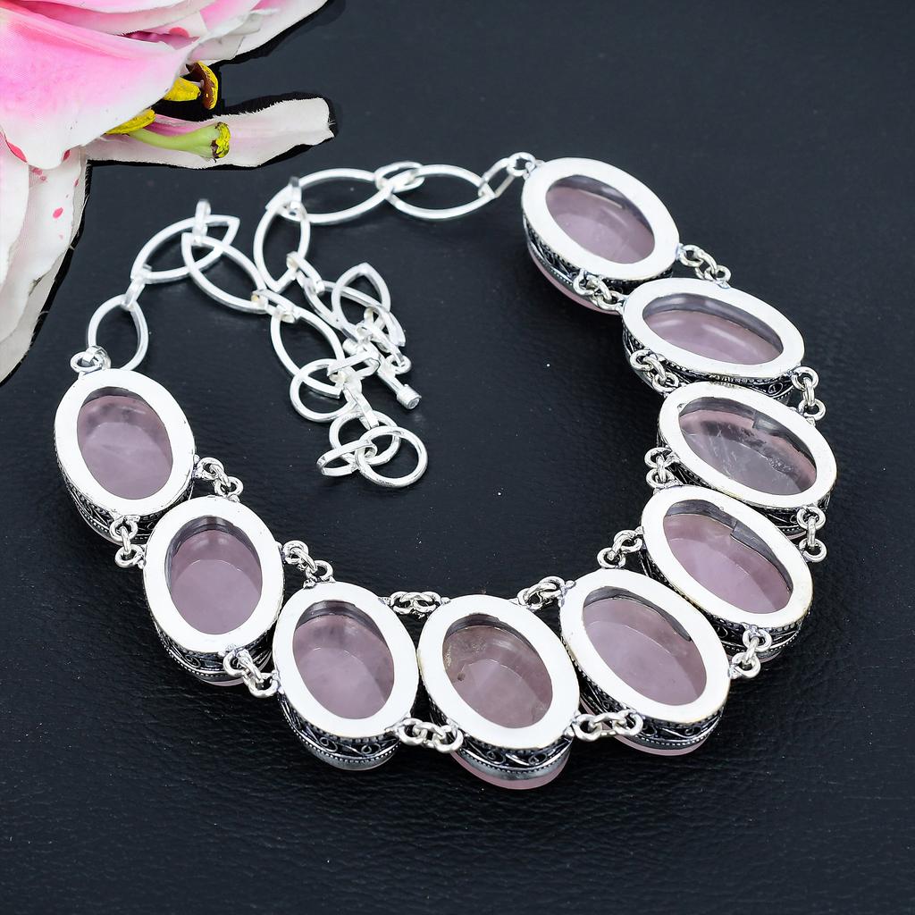 Rose Quartz Gemstone Handmade 925 Sterling Silver Jewelry Necklace 18" KG-1657