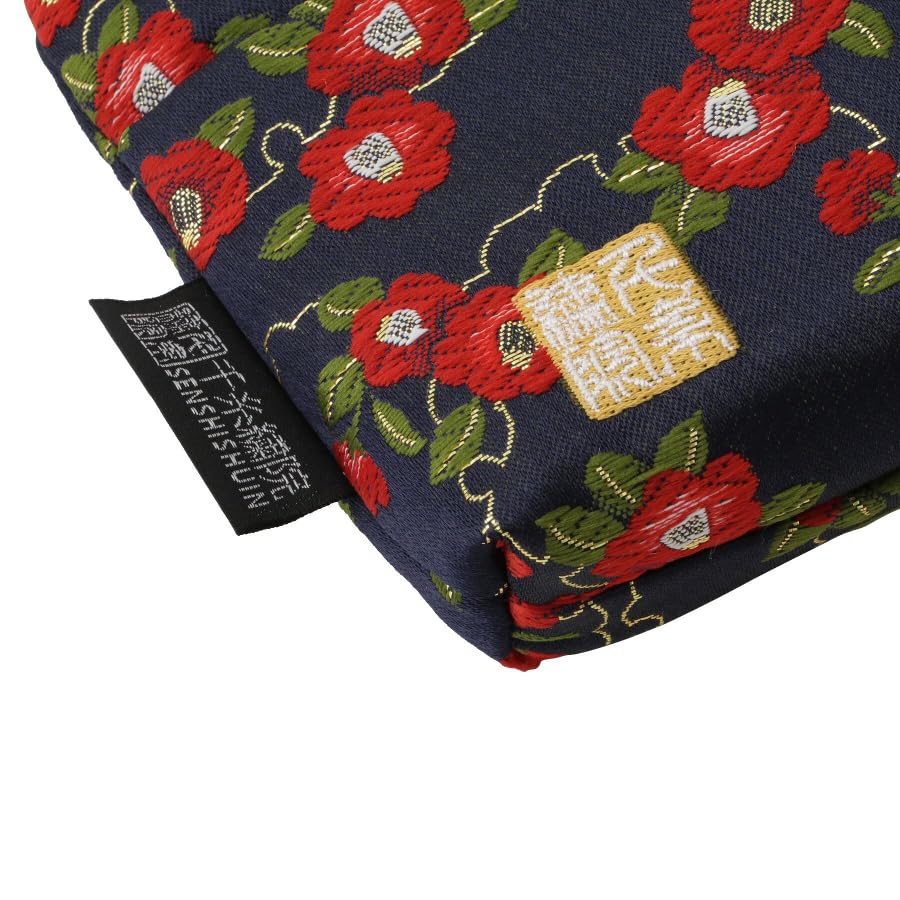Senshishuin Nishijin Brocade PouchShrine Stamp Book Case (Lined) Navy Blue Snow-Wrapped Camellia (Small)