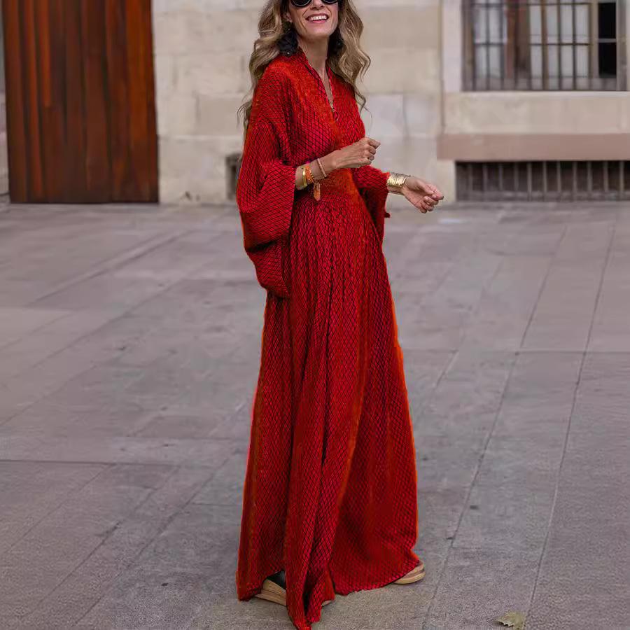 2026 Women's Spring/Summer V-Neck Long Sleeve Loose Dress with Cinched Waist and Wide Hem