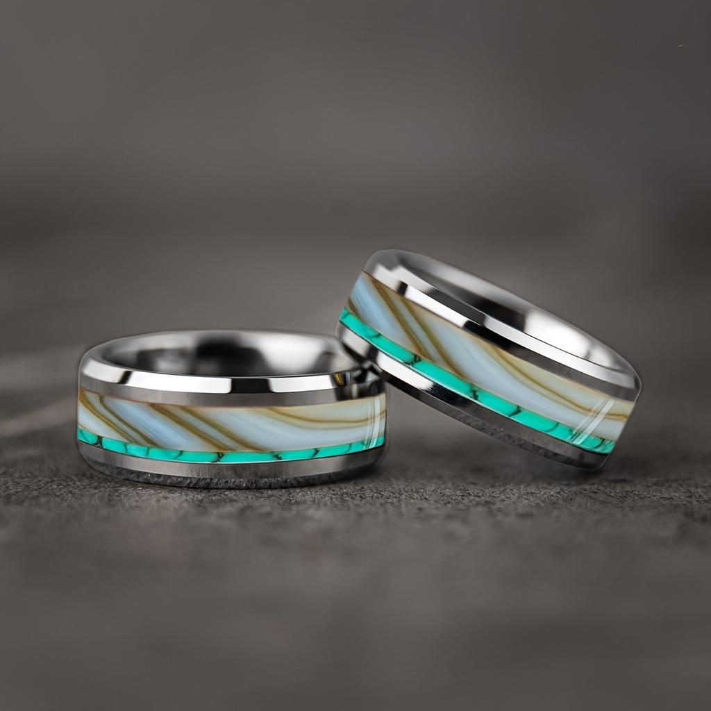 Fashion 8mm Men Stainless Steel Ring with Turquoise and Marble Stones Inlay Rings for Men Women Wedding Jewelry Drop Shipping