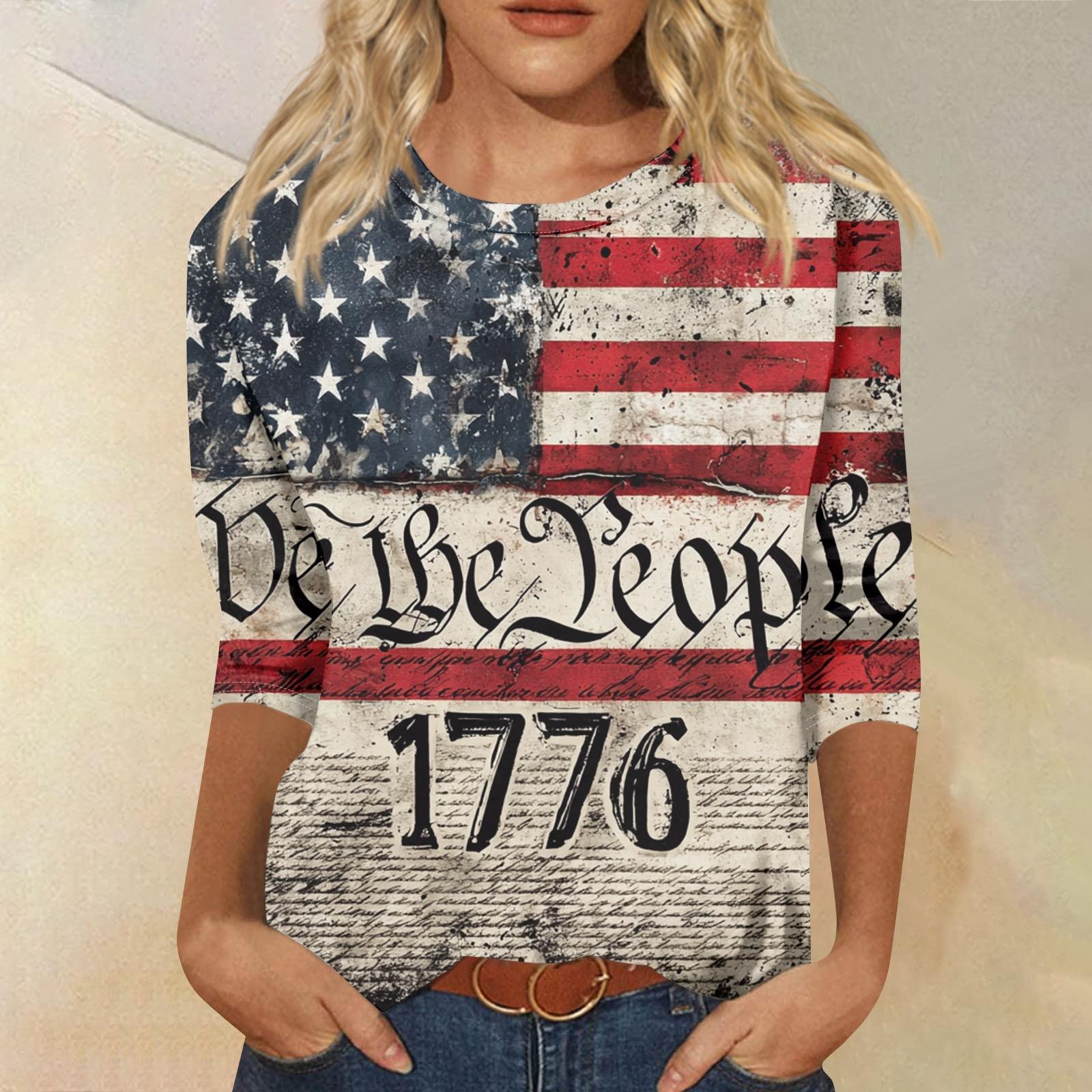 

Women s Fashion Casual Seven-Sleeve Independence Day Print Round Neck Top XL винний