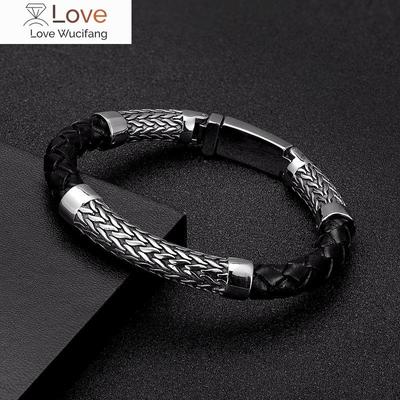 Stainless Steel Men Bracelet Retro Viking Leather Metal Bracelets Motorcycle Accessories Wholesale Fashion Charm Jewelry Gifts