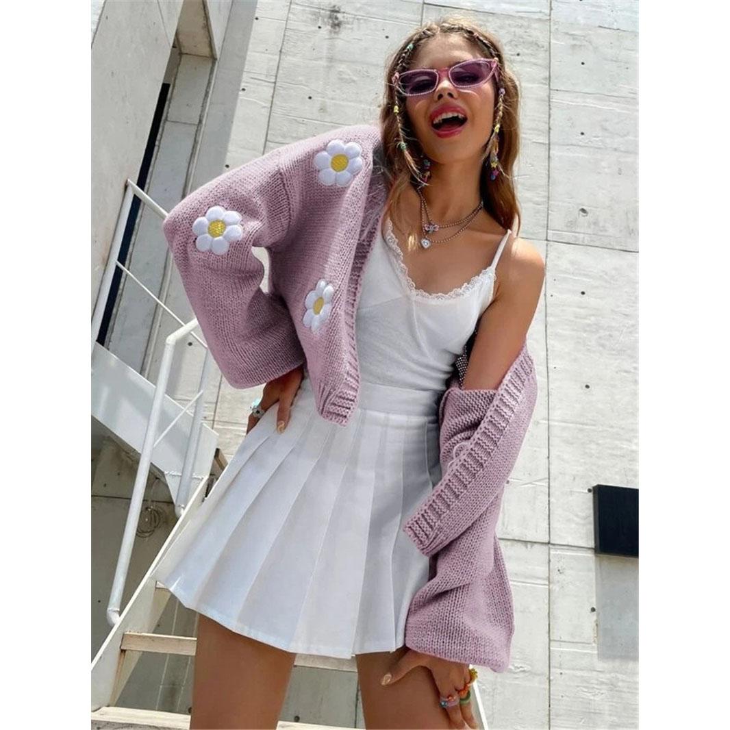 

Осенний вязаный кардиган с цветочной вышивкой, женский свитер с цветочным узором, кардиган с рукавами-фонариками, модный джемпер, пальто, верхняя одежда XS