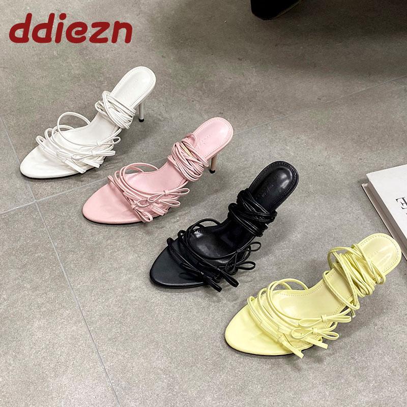 Fashion Fashion Cross-tied Women Thin  Heels Sandals Shoes Female Round Toe Footwear Butterfly-Knot Ladies High Heels Sandals Shoes