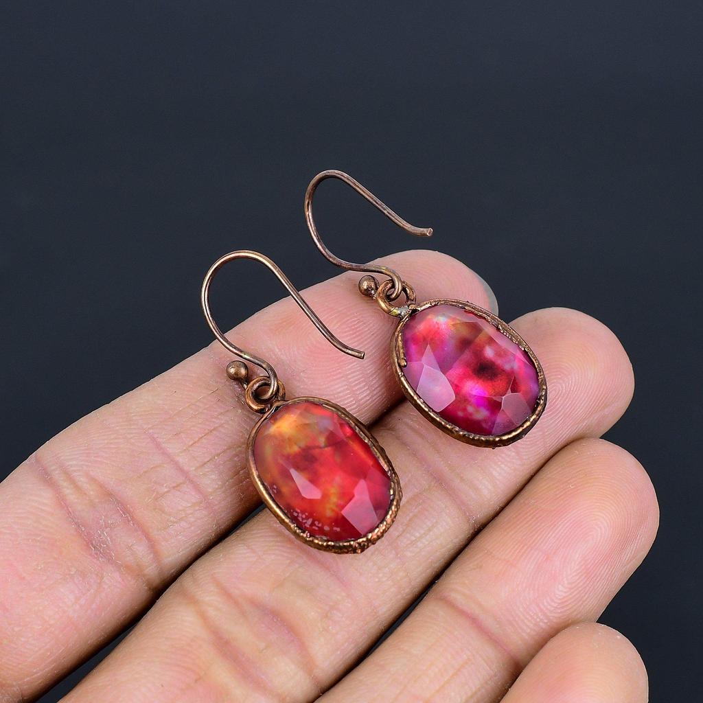 Ammolite Earrings Gemstone Jewelry, Copper Electroformed Handmade Earrings, Latest Design Jewelry