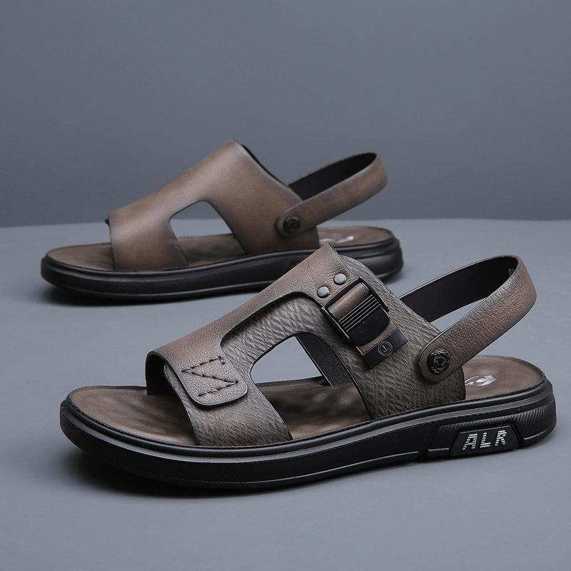 

Sandals men s 2025 new first-layer cowhide beach summer outer wear dad non-slip wear-resistant dual-purpose cool slippers 44 серый