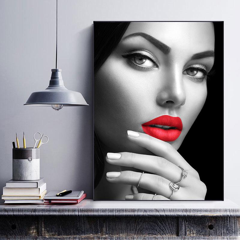 Pintura em tela de lábios vermelhos, pôsteres e impressão de arte de parede para decoração de sala de estar e casa