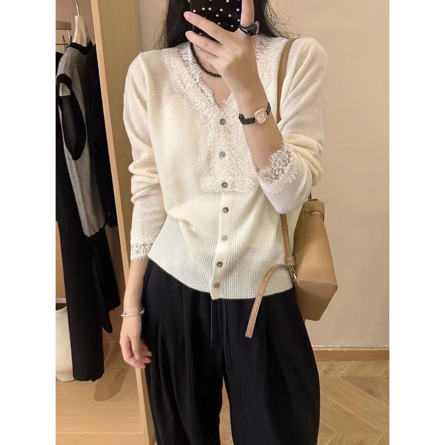 

Women s White V-Neck French Lace Knit Cardigan - Autumn/Winter Long Sleeve Sweater Top One Size абрикосовий