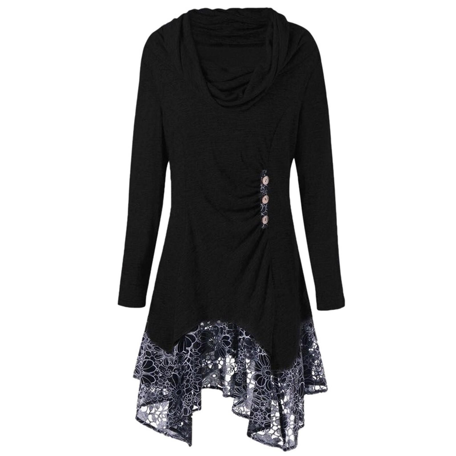 Fashion Women Lace Patchwork Button Bow-Neck Long Sleeve Irregular  Dress XXXXXL