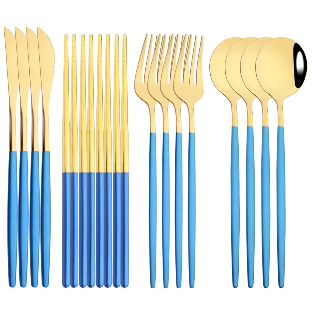12-16Pcs Chopsticks Knife Fork Spoon Cutlery Set Green Gold Dinnerware Set Luxury Stainless Steel Flatware Korean Tableware Set