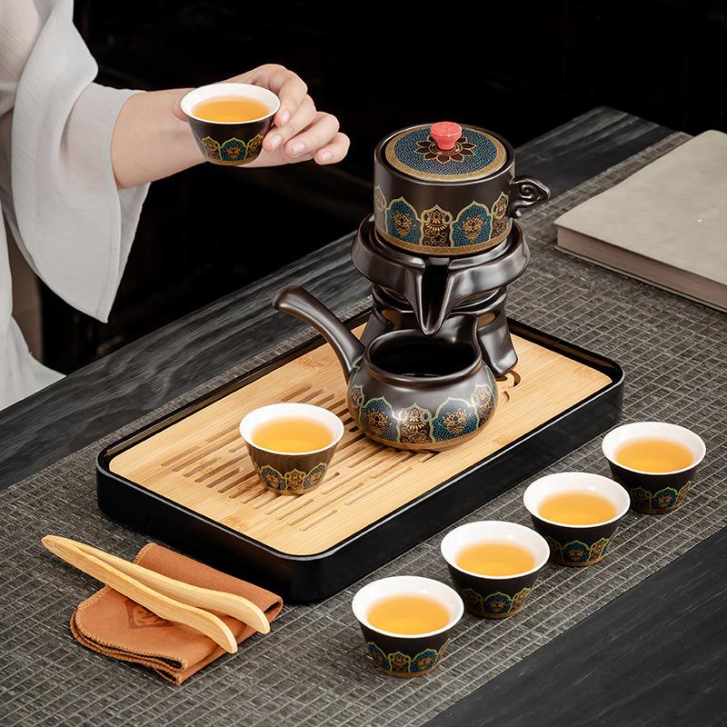 Portable anti-scalding portable teapot high-end gift box blue ancient rhyme lazy automatic tea set office business