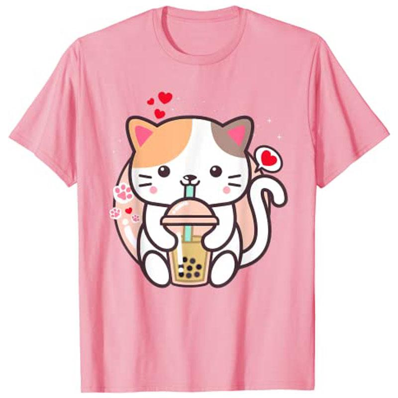 Cat Boba Tea BubbleTea Kawaii Anime Japanese Neko Girl Teen TShirt Y2k Cute Cartoon Unisexga Graphic Clothes Novelty Personality