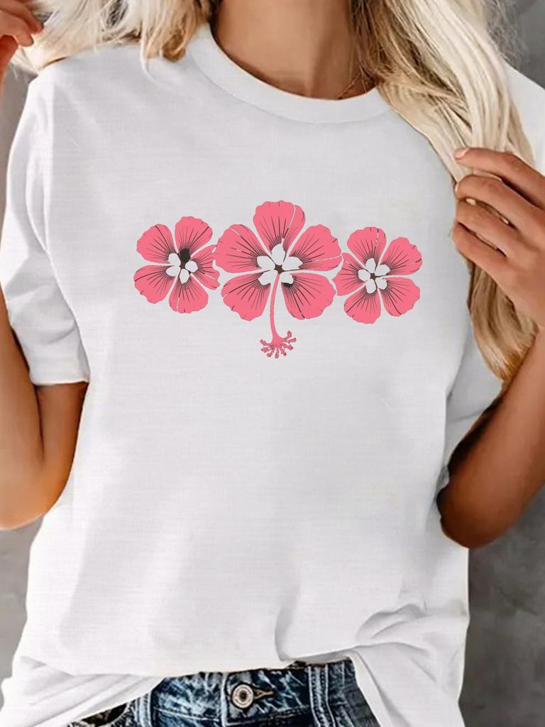 Hibiscus Flower Print T-shirt Short Sleeve Crew Neck Leisure for Spring Harajuku Sleeve Casual Clothing Street Aesthetic Clothes