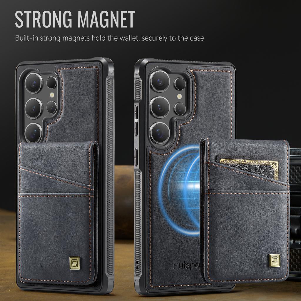 For Samsung Galaxy S24 Ultra Case AUTSPACE A12 Leather Back Cover with Magnetic Detachable Card Bag Kickstand