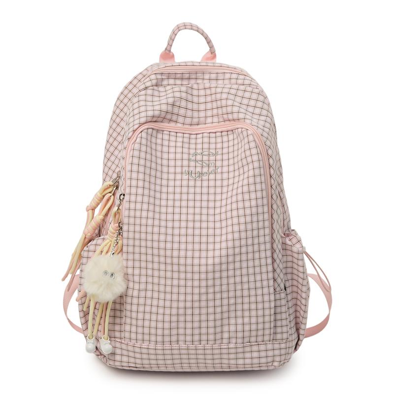 Karierter Rucksack, großes Fassungsvermögen, Schulrucksack für Damen, leichter Rucksack im College-Stil rosa