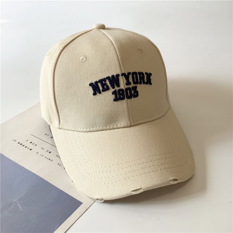 

K-style All Year Round Can Wear Lovers Hat Hard Top Ripped Small Baseball Cap Casual Easiest for Match Street Peaked Cap Beige Adjustable