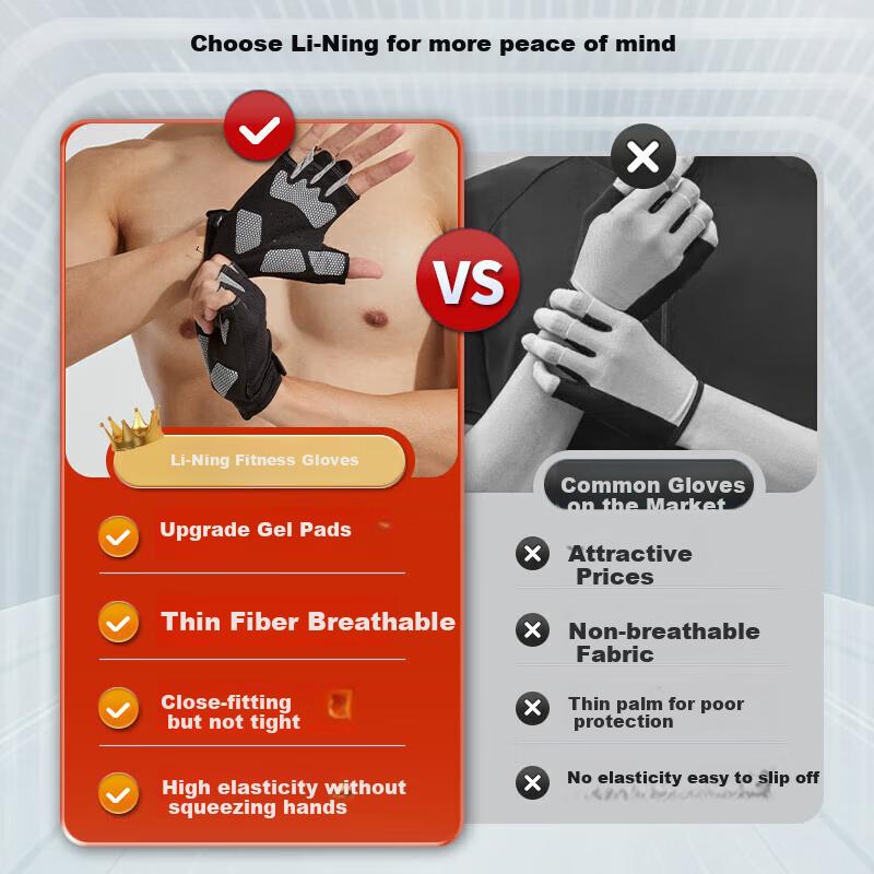 Li-Ning Fitness Gloves for Men, Sports Cycling Fingerless Gloves, Pull-Up Bar Gloves, Non-Slip Anti-Callus Weightlifting Climbing Gym Equipment Gloves