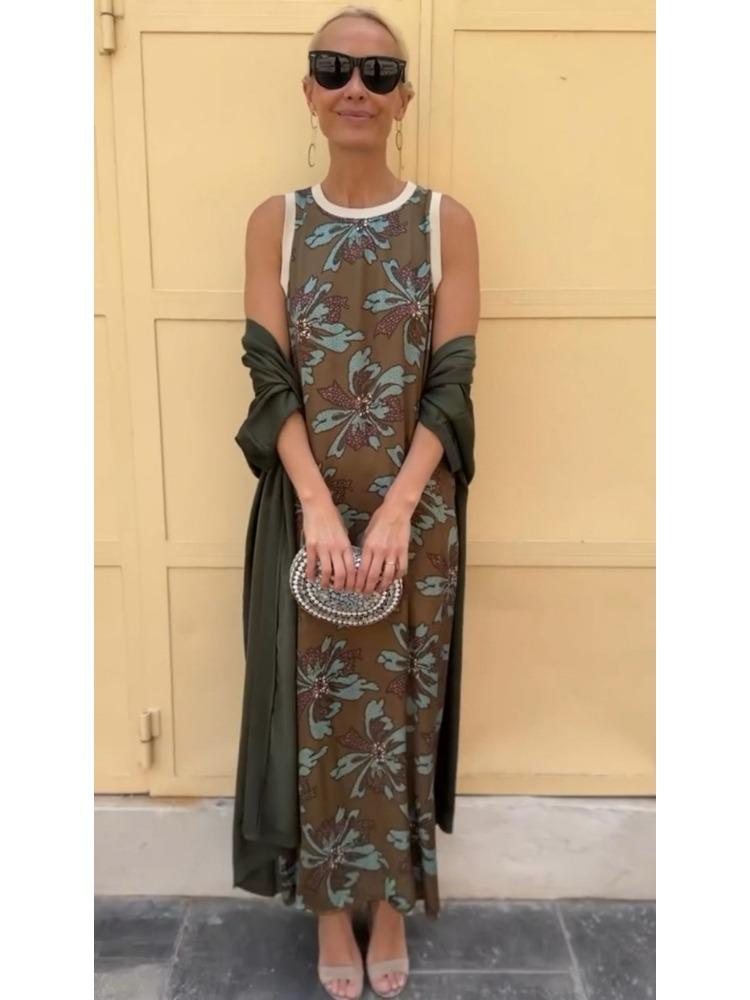 Women's Bohemian Floral Print Sleeveless Dress with Matching Long Red Cape
