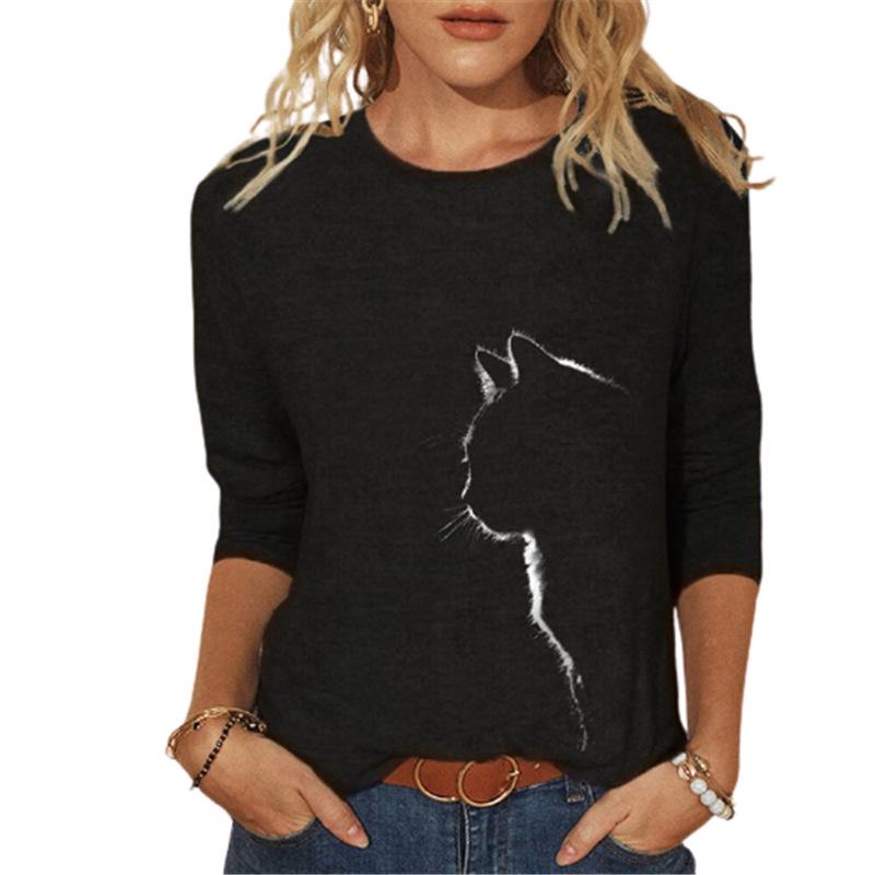 Women's Knitted Long Sleeve Animal Print Round Neck T-Shirt, European and American Style, 2023.