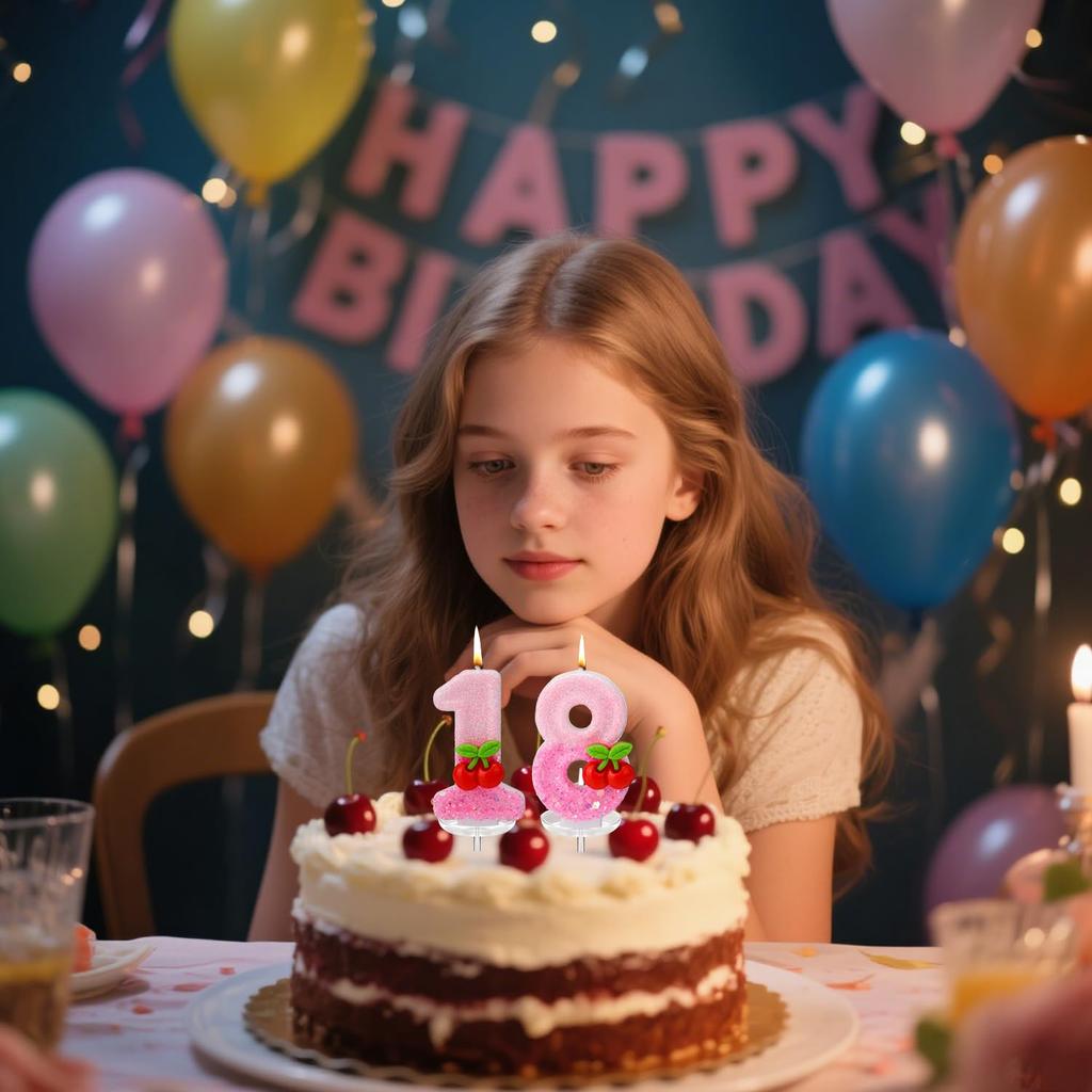 11pcs Cherry Birthday Number 0-9 Candles,Sequins Pink Cupcake Toppers Decorations for Women Girls Birthday Party Supplies Decors