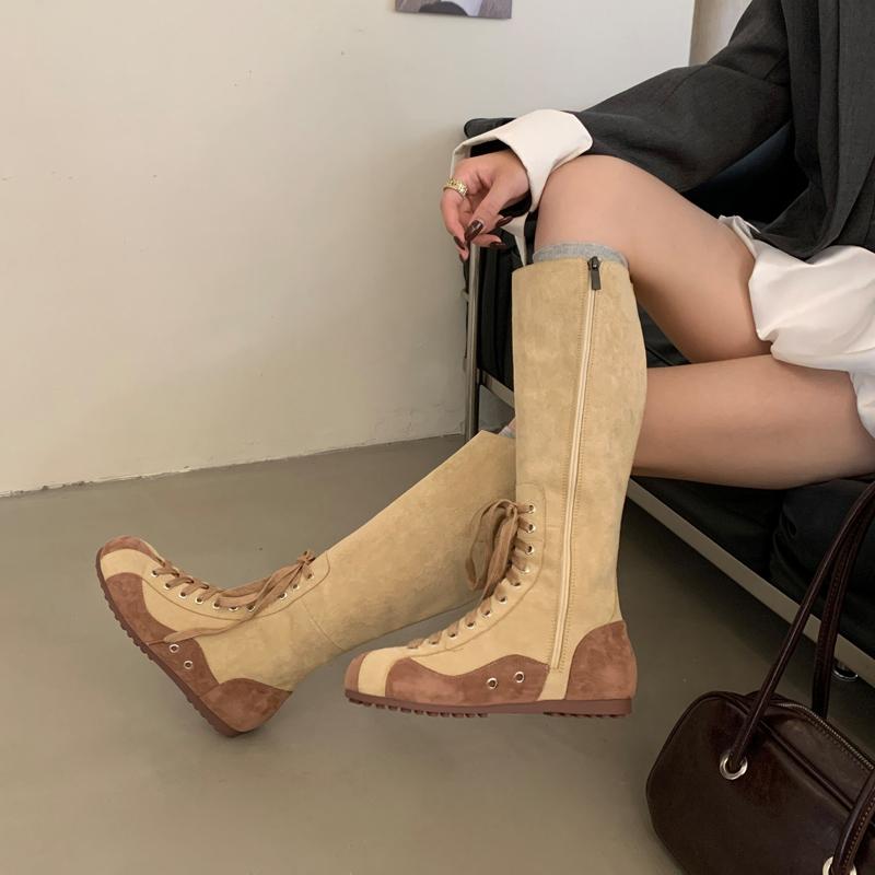 

Fashion Brown Knee High Boots Women Round Toe Lace Up Winter Shoes Vintage Sporty Style Flat Heels Long Boots Khaki Botas De Mujer 40 хаки