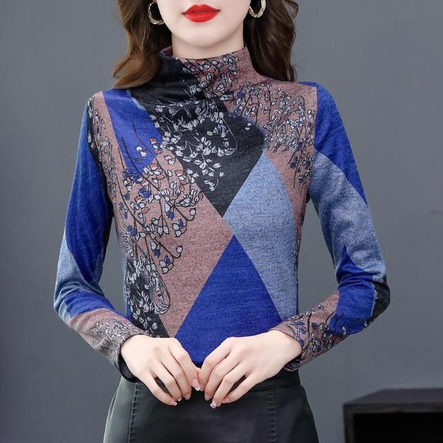 Autumn Winter New Printed Top Half High Neck Warm and Versatile Bottomng Shirt Women's Fashion Long Sleeve T-shirt 4XL