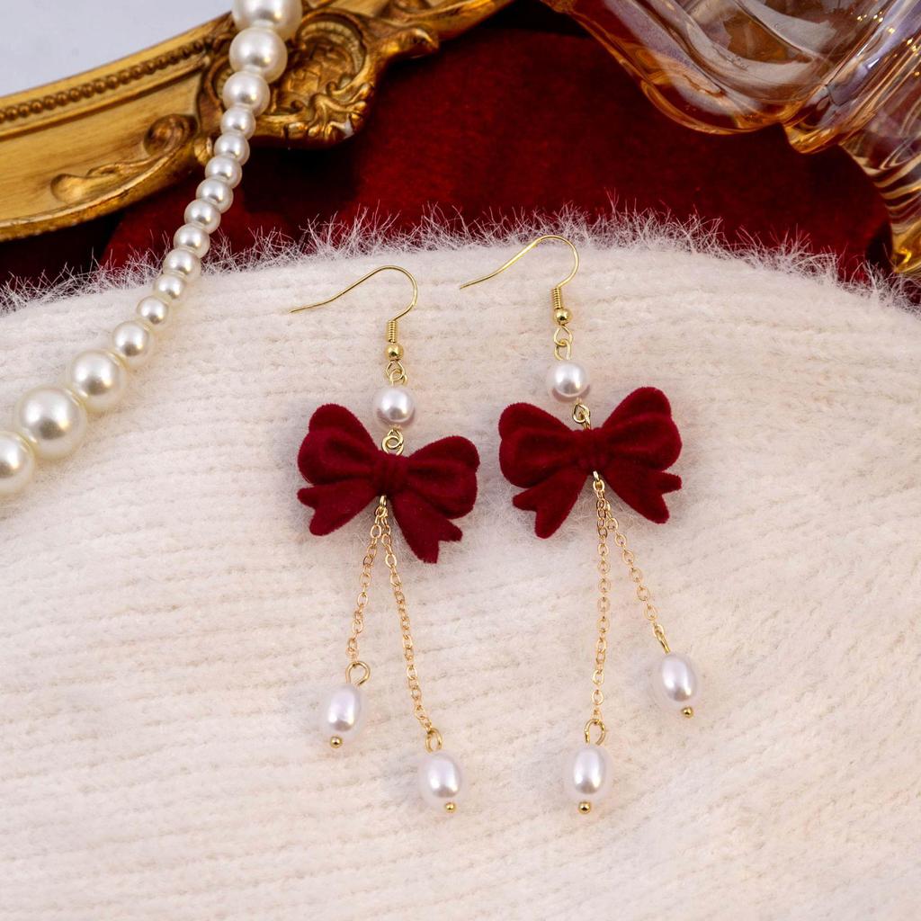 2024 Burgunderrote Ohrringe mit Schleife: Silbernadel, eleganter chinesischer Stil für Neujahr und Frühlingsfest