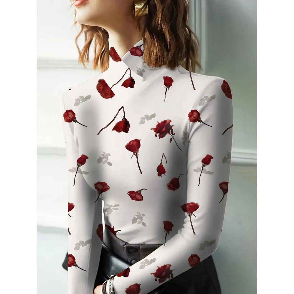 Women's Long Sleeve T-Sleeve Floral Print Turtleneck Bottom Shirt Spring and Autumn Casual Interior Top