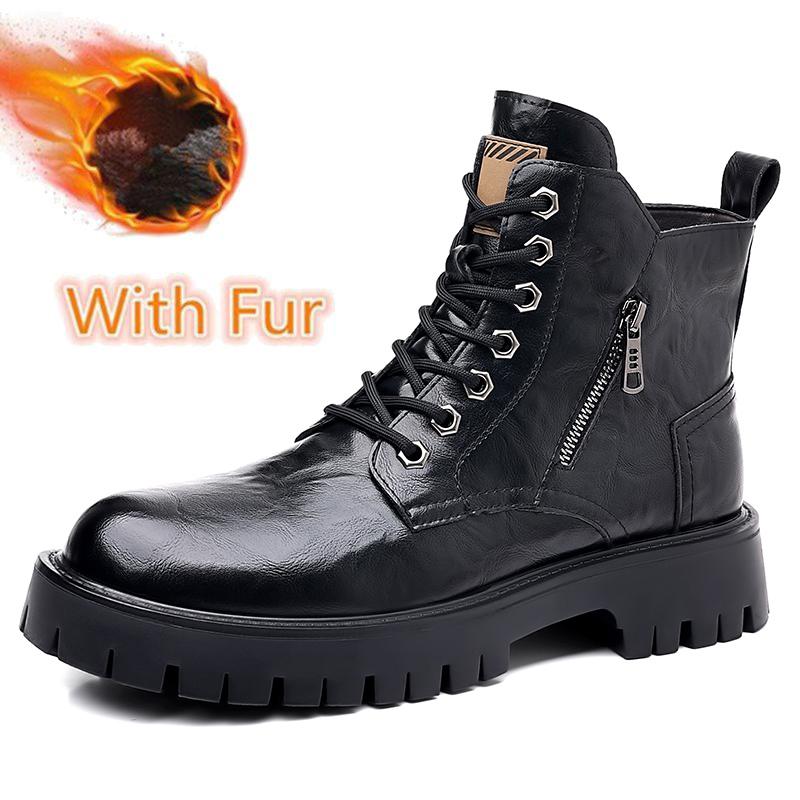 Casual Leather Men's Cowboy Boots Sneakers Platform Motorcycle Boots Winter Plush Snow Male Ankle Boots High Top Shoes