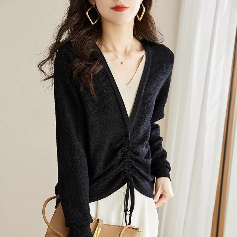 Spring and Autumn Women's Hollow V-neck Knit Sweater Loose Thin Sweater