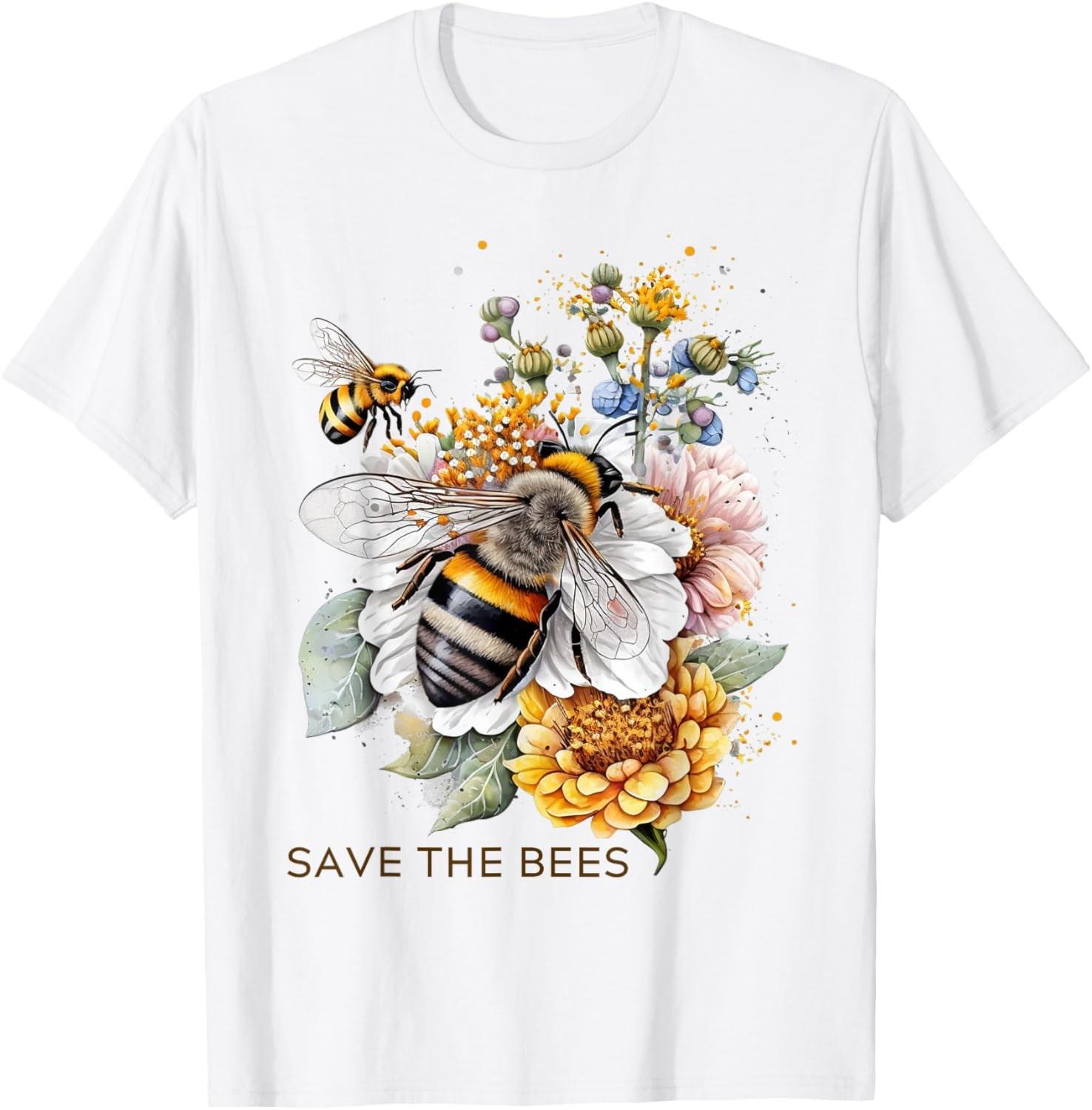 Save the Bees on Flowers Pollinators Love Bees T-Shirt XL