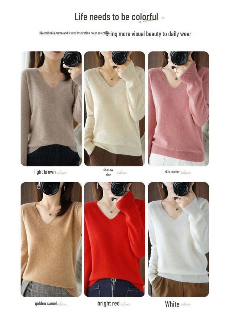 Dámský lehký pletený svetr s dlouhým rukávem s výstřihem do V – nový styl jaro/podzim, jednobarevný svetr.