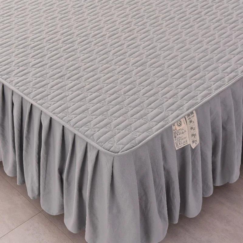 Solid Cotton Fitted Sheet Bed Skirt 2-in-1 Mattress Dust Protection Cover King Size Modern Minimalist