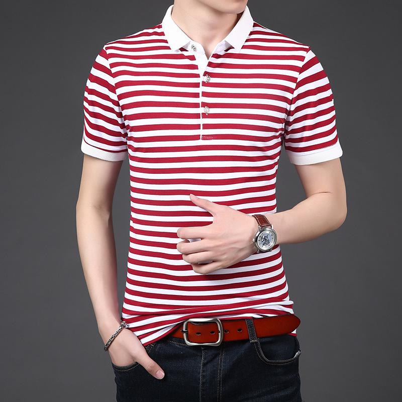 

Новая летняя мужская футболка с воротником-поло в полоску и короткими рукавами, высококачественная облегающая мужская футболка на пуговицах в корейском стиле, хлопковая L