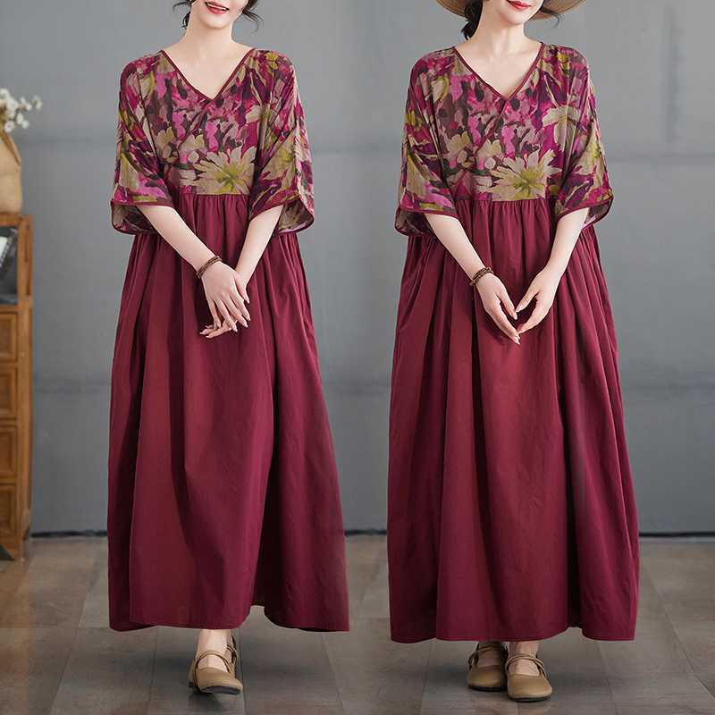 

Cotton and Linen Summer Patchwork Retro Style Dress, Plus Size Long Skirt One size