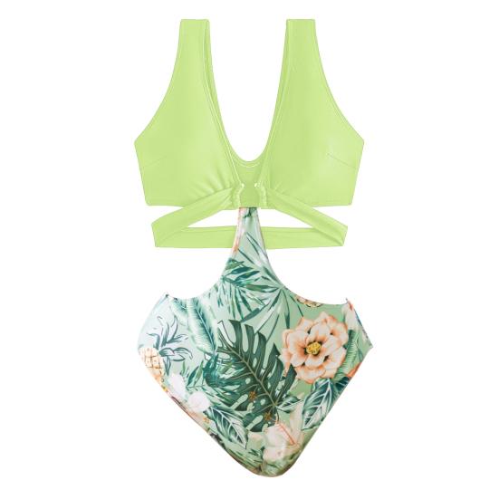 Sexy One-piece Swimwear V-Neck Sleeveless High Waist Monokini with Iron Ring Bandage Solid Color Quick Drying One-Piece Bikini