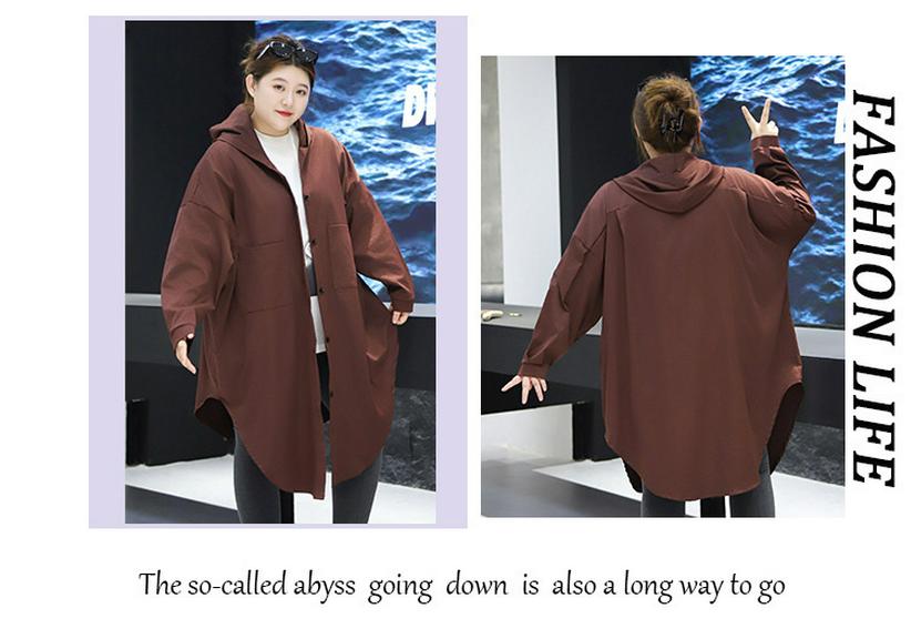 Plus Size Women's Hooded Long Sleeve Midi Trench Coat 300 Jin Fat MM Slimming Jacket