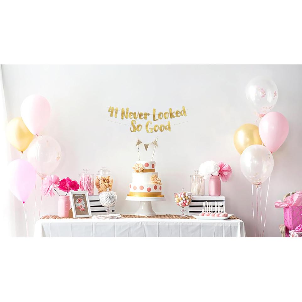 41 Never Looked So Good Gold Glitter Banner - 41st Anniversary and Birthday Party Decorations
