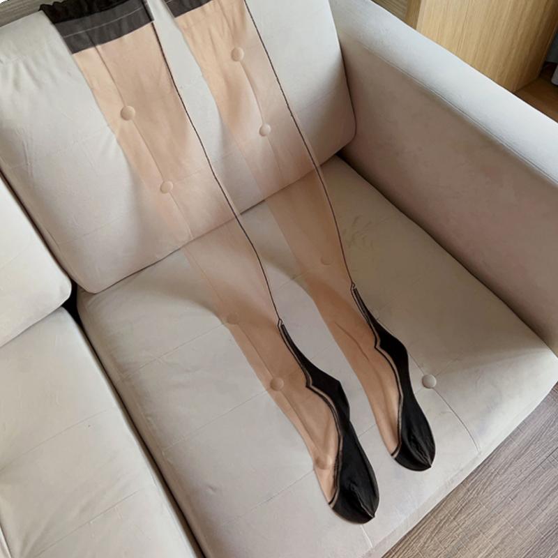 Ultra-Thin Sexy Foot Shaped Stockings Gothic Wide Rib Cut Retro Nude Long Stockings Thigh High Non-Elastic Hosiery For Women