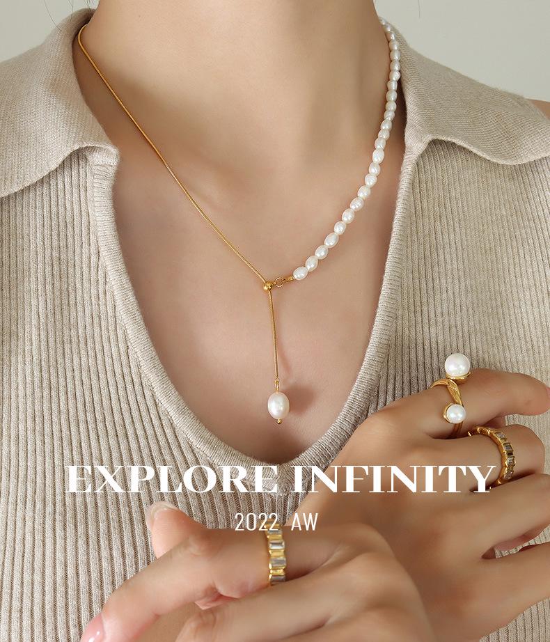 Retro Design Necklace: Titanium Steel with French Freshwater Pearl & Adjustable Tassel Pendant, Non-fading.