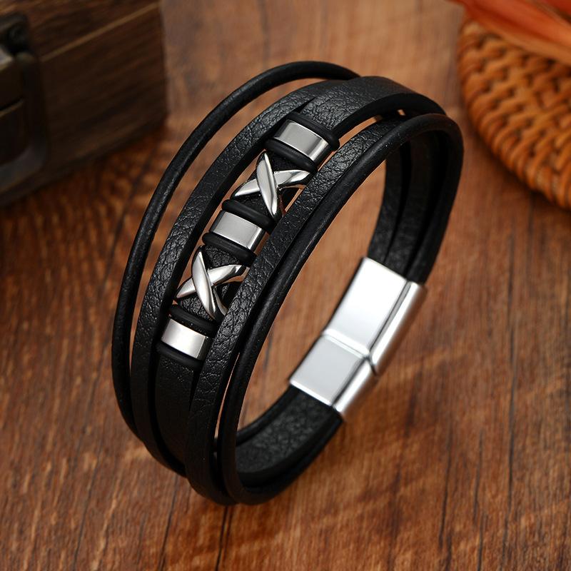 Multi Layer Braided Leather Bracelet For Men With X Badge Charm Decorative Wristband Accessory