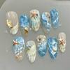 Handmade almond press on nails with 3D carved starfish & flowers, European style relief finished false nails for cross-border supply.