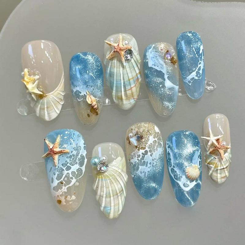 Handmade almond press on nails with 3D carved starfish & flowers, European style relief finished false nails for cross-border supply.